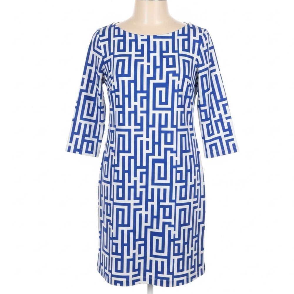 Britt Blue White Geometric Print Shift‎ Dress 3/4 Sleeve Boat Neck Mini Dress S